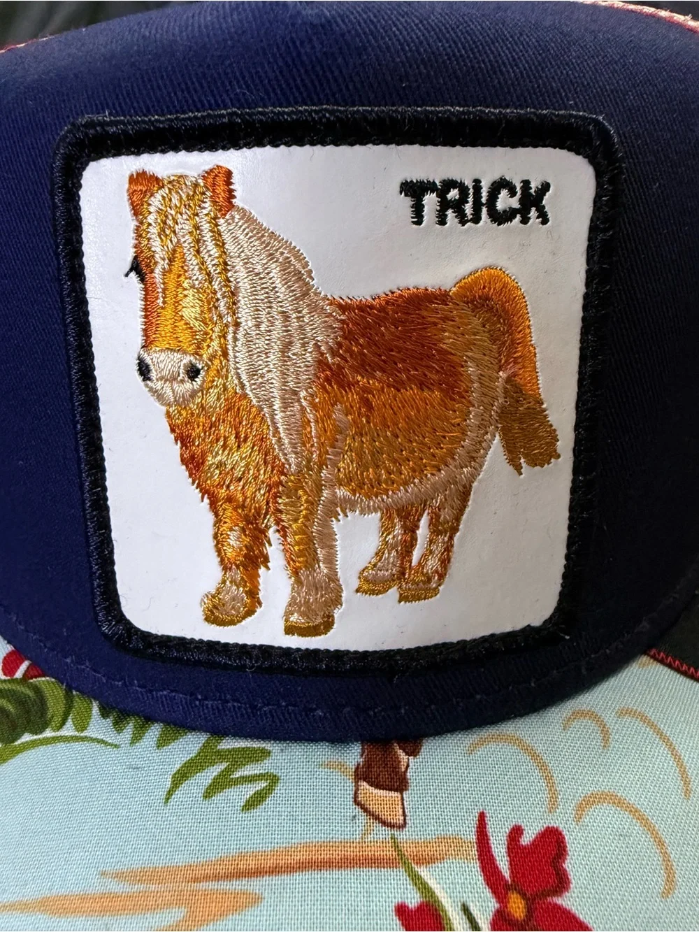 Goorin Bros Navy and Tan Trucker Hat with Pony Patch and Floral Bill - Picture 2 of 8